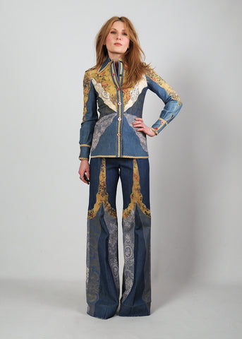 70s Patchwork Denim + Leather Bell Bottom Pantsuit