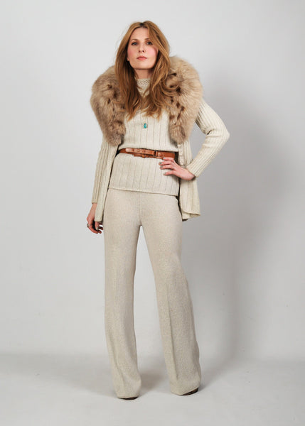3 Piece FOX Fur Sweater Knit Pant Suit