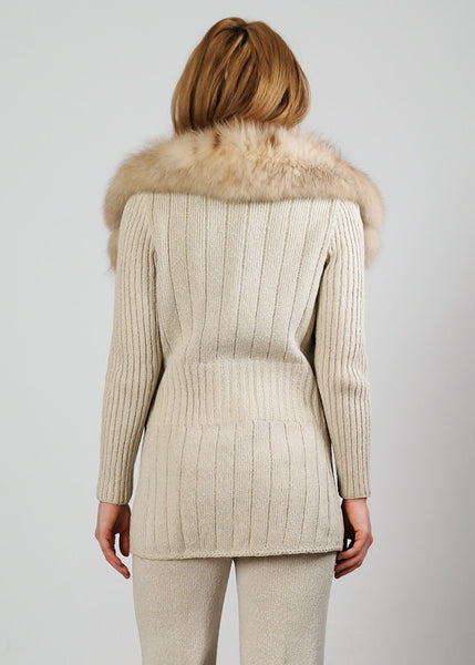 3 Piece FOX Fur Sweater Knit Pant Suit