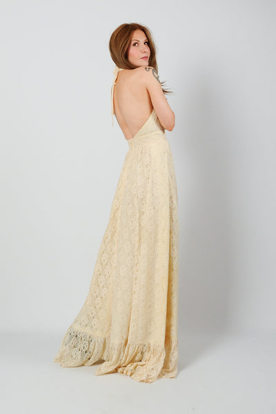 Backless Cream Lace Halter Dress