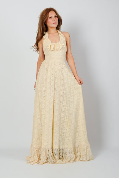 Backless Cream Lace Halter Dress