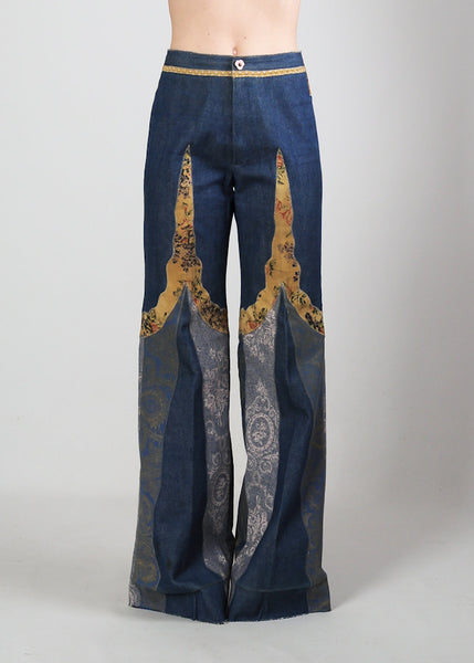 70s Patchwork Denim + Leather Bell Bottom Pantsuit