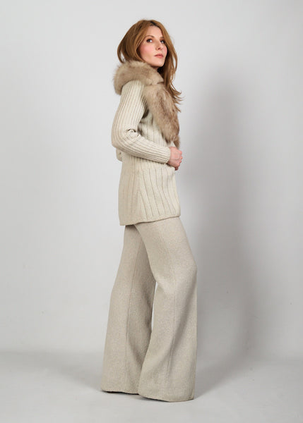 3 Piece FOX Fur Sweater Knit Pant Suit