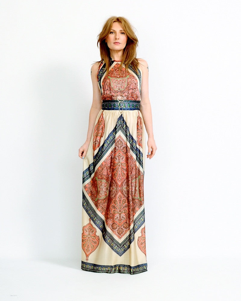 Backless Scarf Print Halter Dress Tin Roof Vintage Backless Scarf Print Halter Dress Tin Roof Vintage