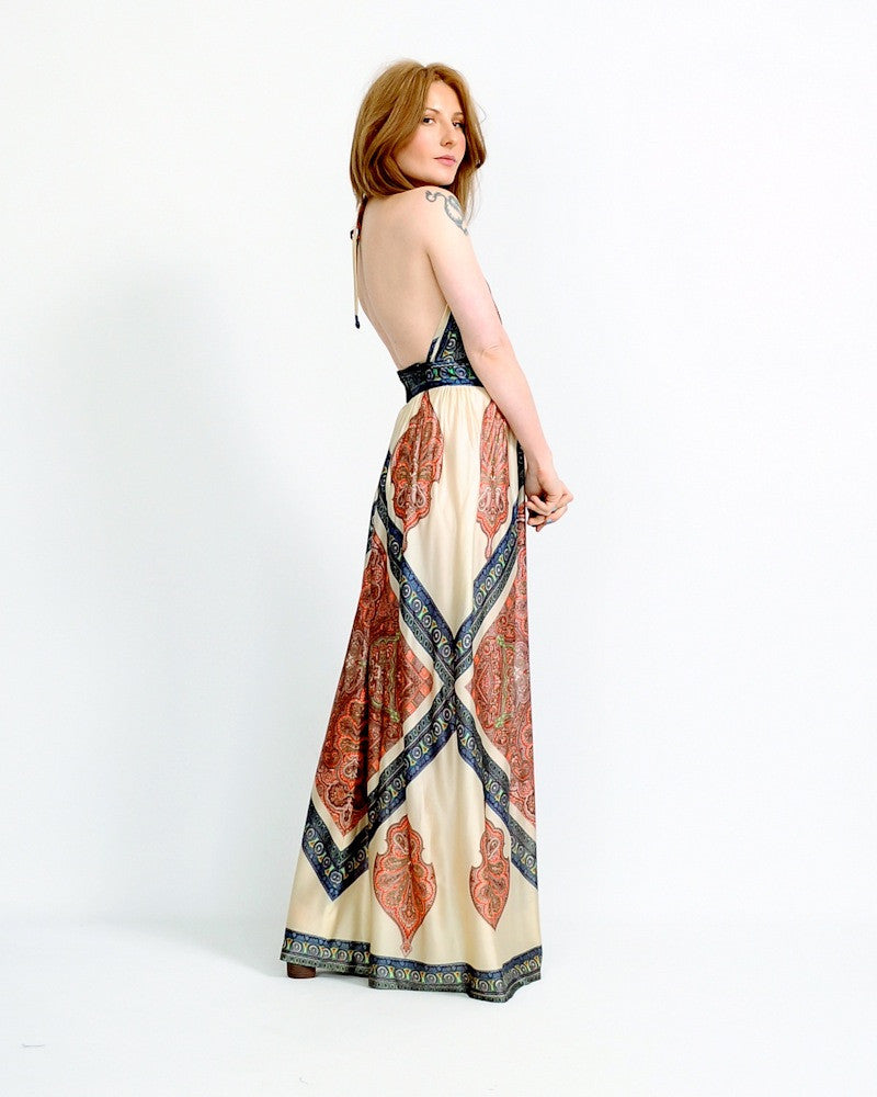Backless Scarf Print Halter Dress Tin Roof Vintage Backless Scarf Print Halter Dress Tin Roof Vintage
